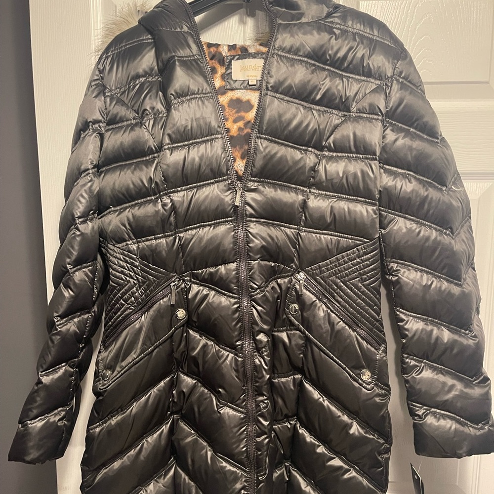 New with tags Laundry Silver Coat with fur hood.  Beautiful coat.